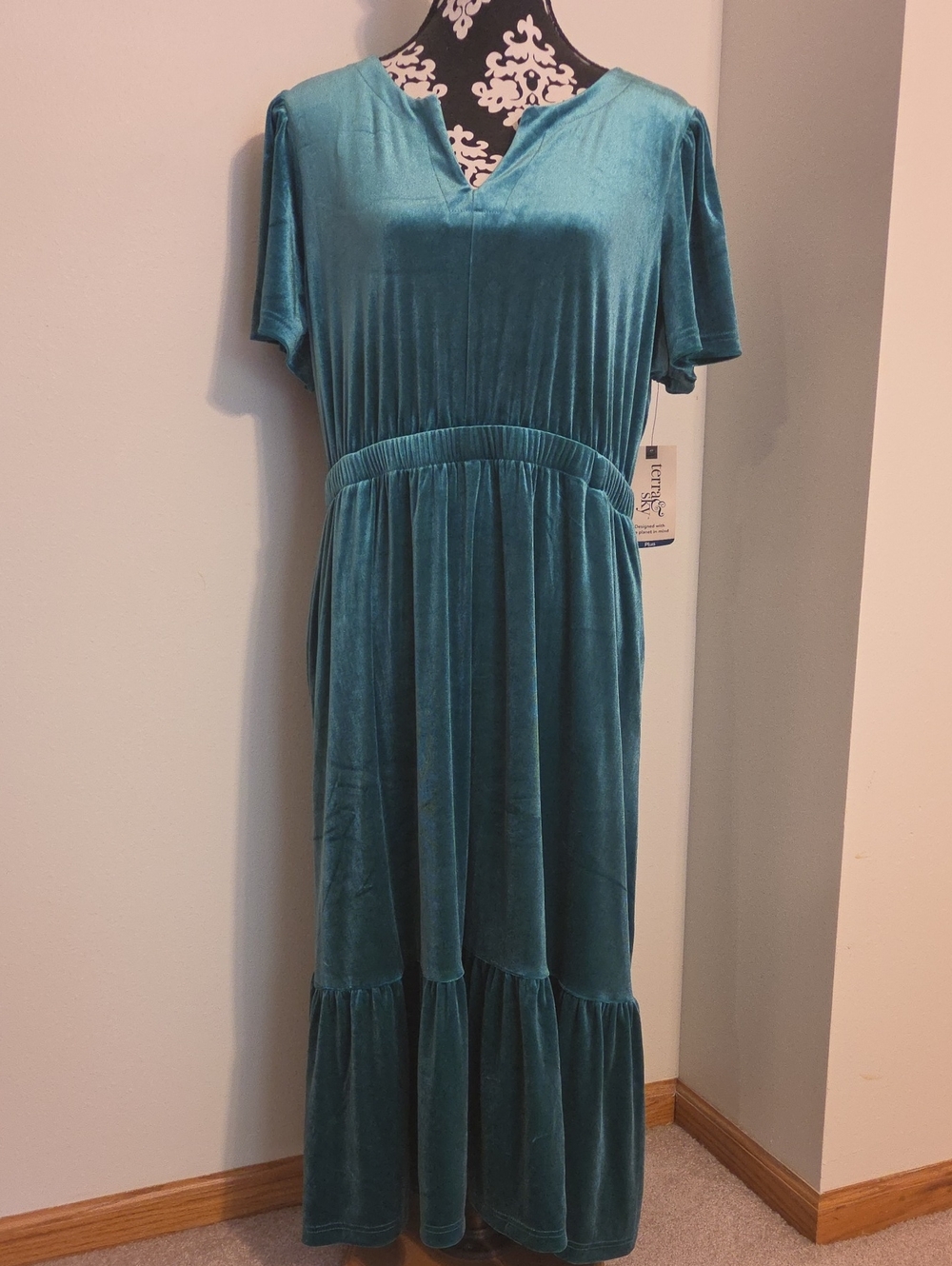 Teal Velvet Tiered Midi Dress - Brand: